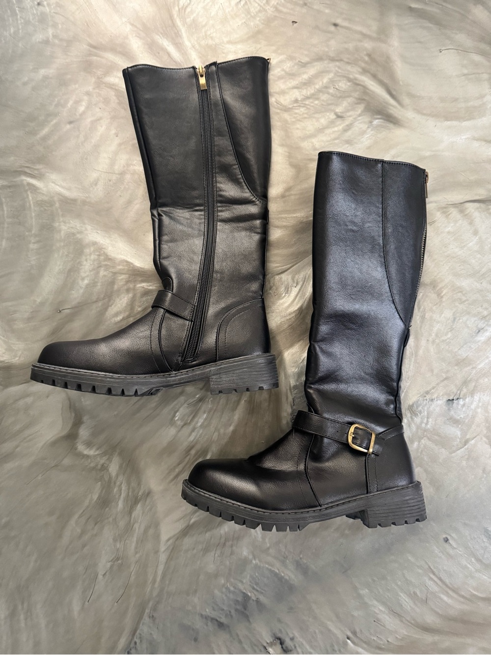 Women's Black Tall Riding Boots with Buckle Detail